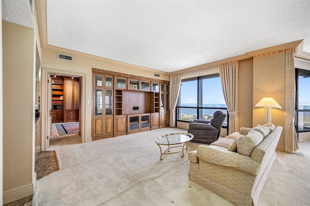 living room with a water view, a textured ceiling, light colored carpet, and crown molding