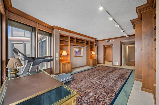 office area with light carpet, a textured ceiling, crown molding, and rail lighting