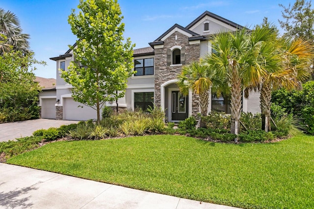 view of front of home featuring a garage and a front lawn