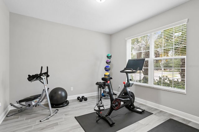 exercise room with light wood-type flooring and a healthy amount of sunlight