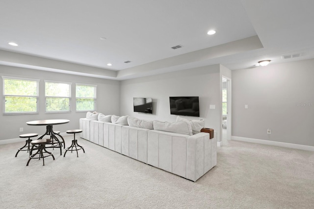 carpeted living room with a raised ceiling