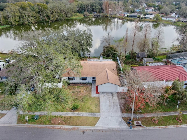 drone / aerial view with a water view