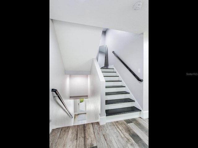 staircase with wood-type flooring