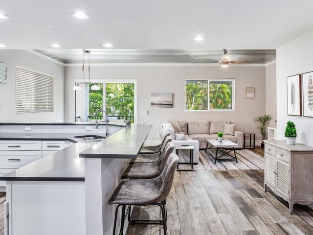 kitchen featuring white cabinets, ceiling fan, plenty of natural light, and sink