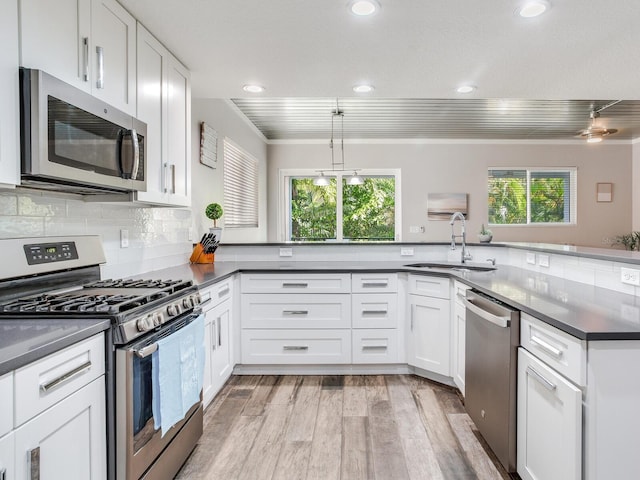 kitchen with appliances with stainless steel finishes, white cabinets, sink, and a wealth of natural light