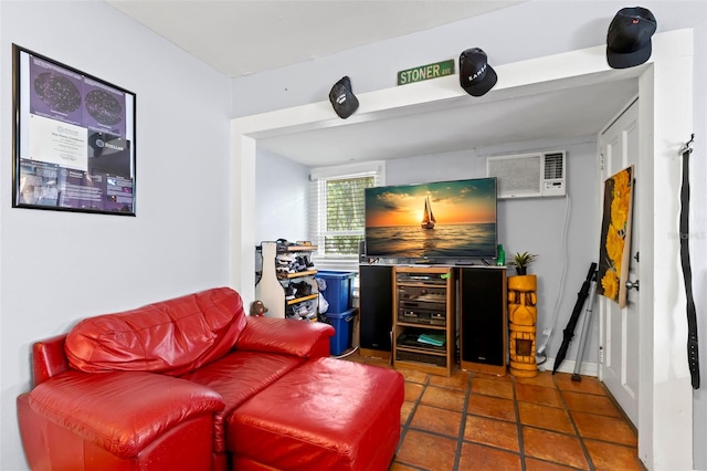 tiled living room with an AC wall unit