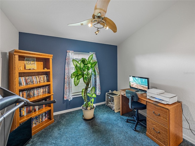 carpeted home office with ceiling fan