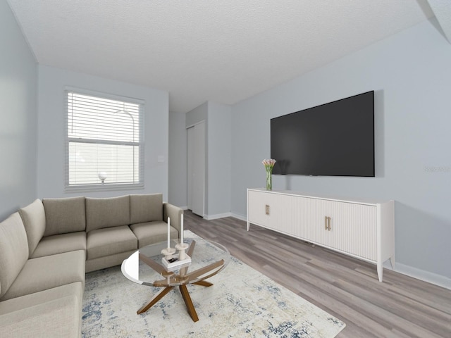 living room with wood-type flooring and a textured ceiling