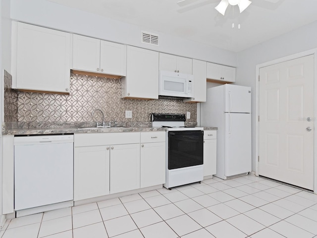 kitchen featuring white cabinets, backsplash, white appliances, ceiling fan, and sink