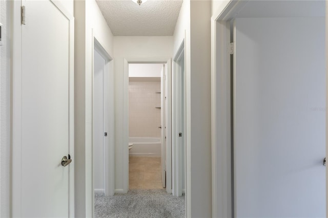 hallway featuring light carpet and a textured ceiling