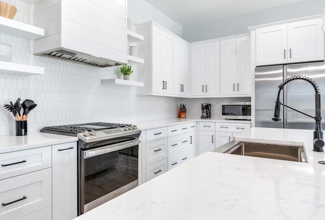 kitchen featuring decorative backsplash, stainless steel appliances, white cabinets, and custom exhaust hood