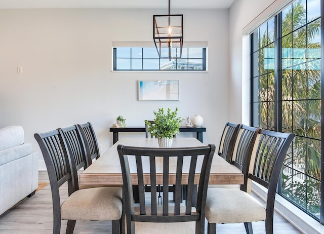 dining space featuring light hardwood / wood-style flooring, an inviting chandelier, and a healthy amount of sunlight