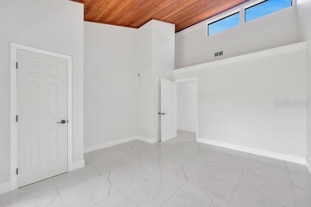 empty room featuring wooden ceiling