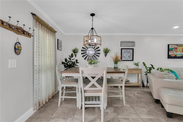 tiled dining space with ornamental molding and a chandelier