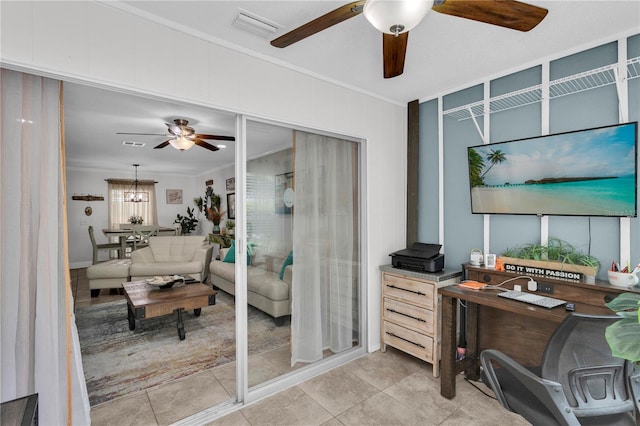 office area featuring light tile patterned floors and crown molding