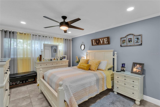 tiled bedroom with multiple windows, ceiling fan, and crown molding