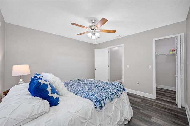 bedroom featuring a closet, dark hardwood / wood-style floors, a spacious closet, and ceiling fan