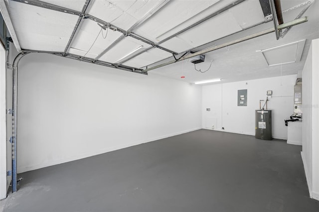 garage with a garage door opener, electric water heater, and electric panel