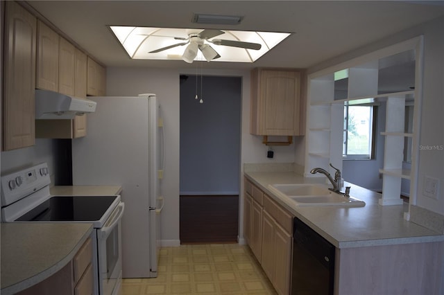 kitchen featuring ceiling fan, a skylight, white electric range oven, and dishwasher