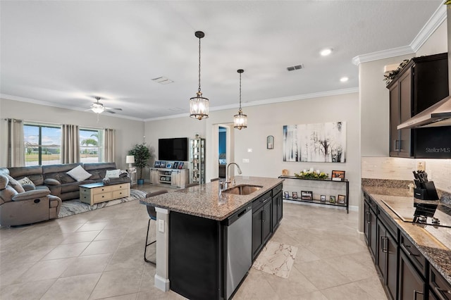 kitchen featuring sink, stainless steel dishwasher, a center island with sink, black electric cooktop, and crown molding