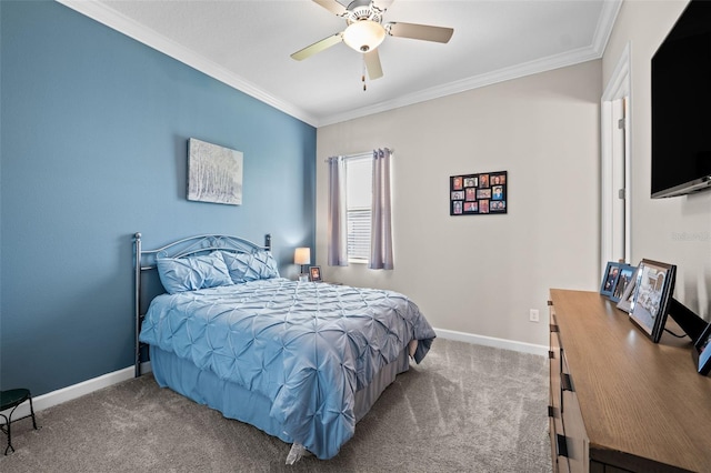 bedroom featuring crown molding, carpet flooring, and ceiling fan