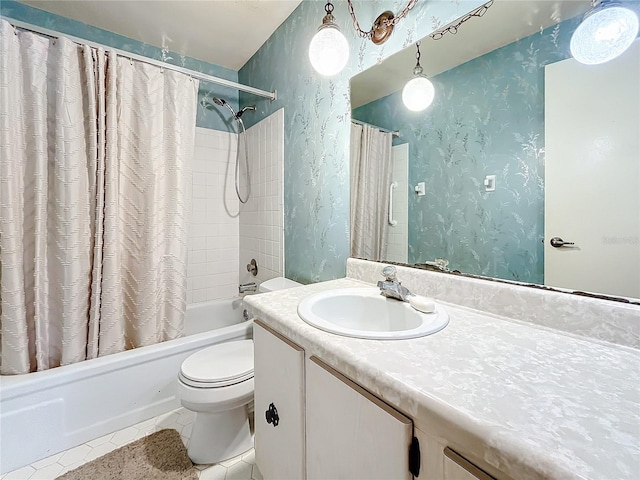 full bathroom with shower / bath combination with curtain, tile patterned floors, vanity, and toilet