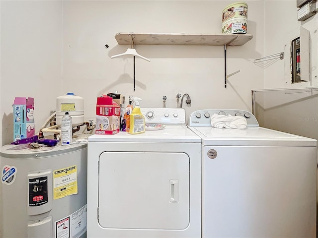 laundry area with washer and dryer and electric water heater