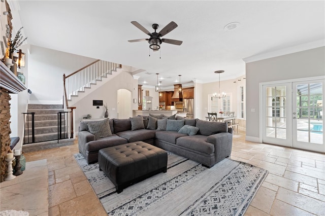 living room featuring baseboards, stairway, crown molding, stone tile flooring, and recessed lighting