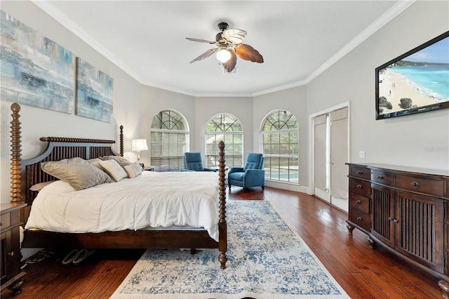 bedroom with baseboards, crown molding, a ceiling fan, and dark wood-style flooring