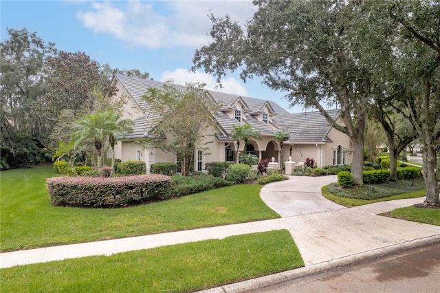 view of front of property with driveway, a front yard, a tiled roof, and stucco siding