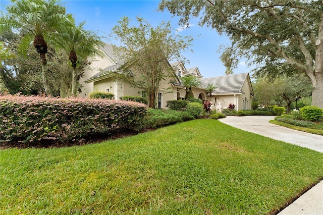 obstructed view of property with driveway, a front lawn, and stucco siding