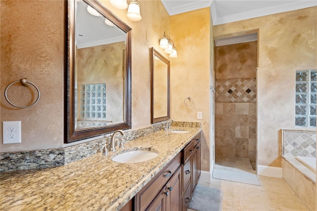 bathroom featuring a garden tub, crown molding, and a sink