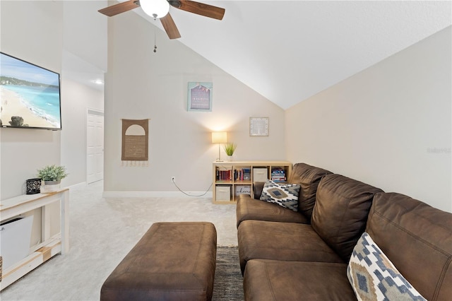 living room featuring light carpet, ceiling fan, high vaulted ceiling, and baseboards