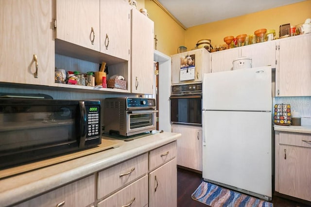 kitchen with light countertops, tasteful backsplash, dark wood finished floors, open shelves, and black appliances