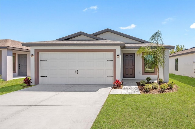 single story home featuring a front lawn and a garage