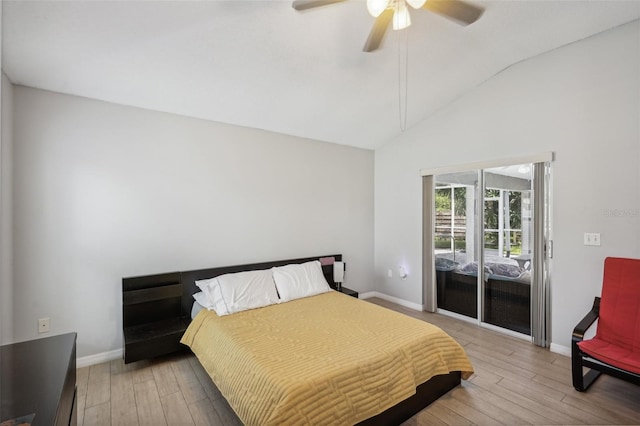 bedroom with vaulted ceiling, light hardwood / wood-style floors, access to exterior, and ceiling fan