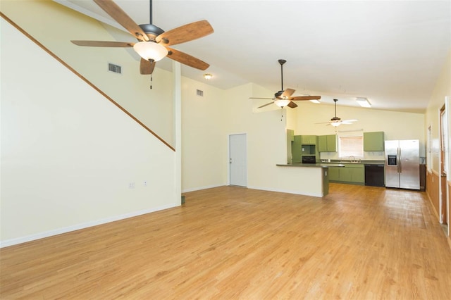 unfurnished living room featuring ceiling fan, light hardwood / wood-style flooring, sink, and high vaulted ceiling