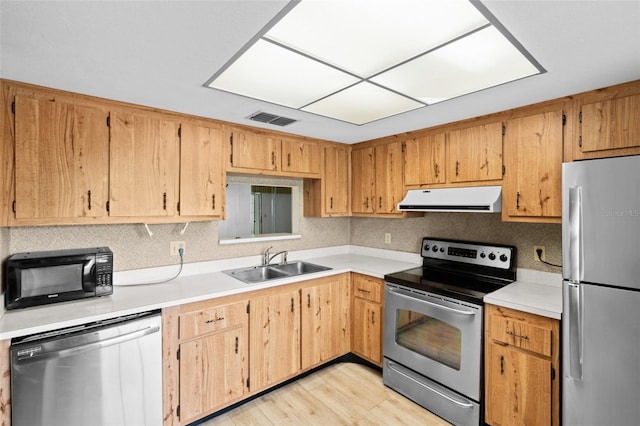 kitchen with light hardwood / wood-style floors, appliances with stainless steel finishes, and sink