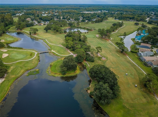 bird's eye view with golf course view and a water view