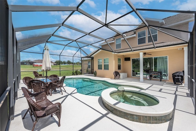 view of pool featuring outdoor dining space, a ceiling fan, a patio, area for grilling, and a pool with connected hot tub