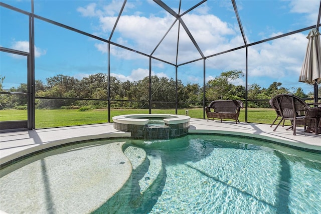 view of swimming pool with a lanai, a patio, a pool with connected hot tub, and a lawn