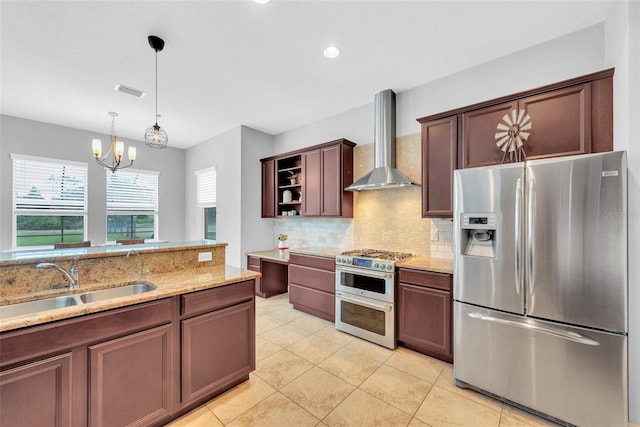 kitchen with wall chimney exhaust hood, a sink, tasteful backsplash, open shelves, and appliances with stainless steel finishes