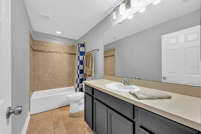 bathroom with recessed lighting, tile patterned flooring, toilet, vanity, and shower / tub combo