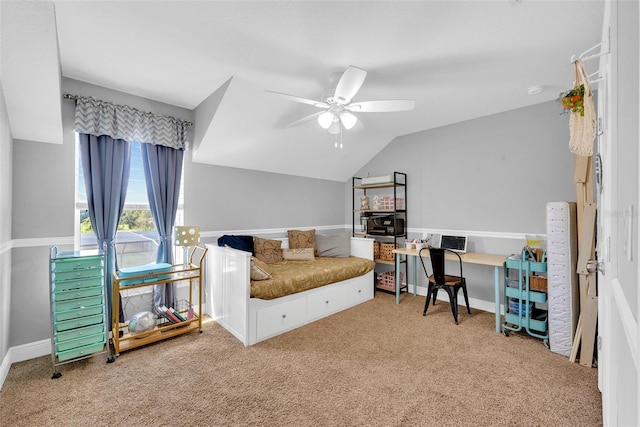 bedroom featuring ceiling fan, carpet floors, and baseboards