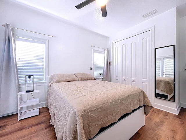 bedroom with ceiling fan, multiple windows, and wood-type flooring