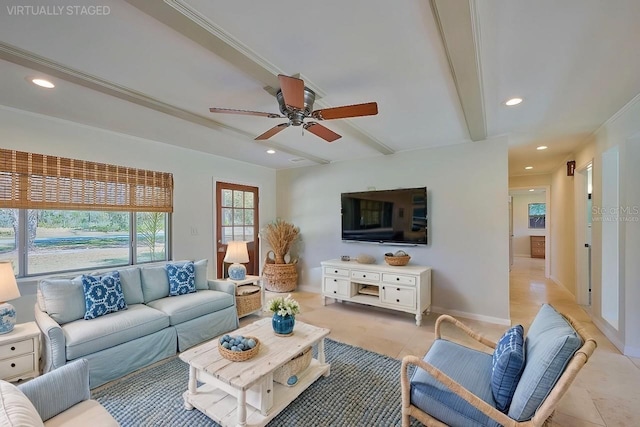 living room featuring beamed ceiling, ceiling fan, and light tile patterned flooring