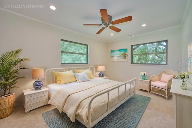 bedroom with crown molding and ceiling fan