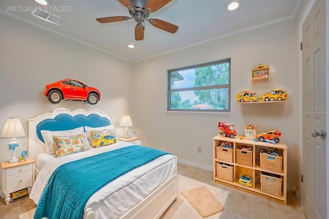 bedroom with crown molding and ceiling fan