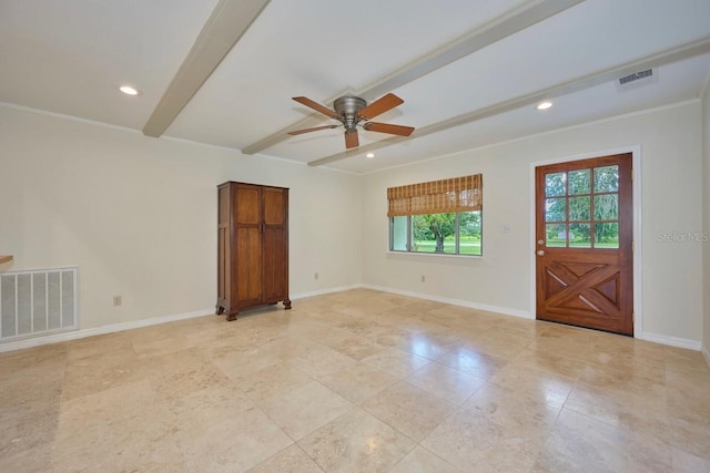 unfurnished room with beamed ceiling, ceiling fan, and ornamental molding