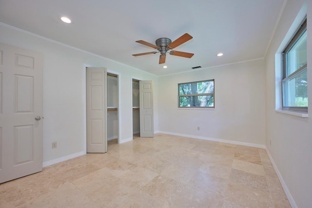 unfurnished bedroom with crown molding and ceiling fan